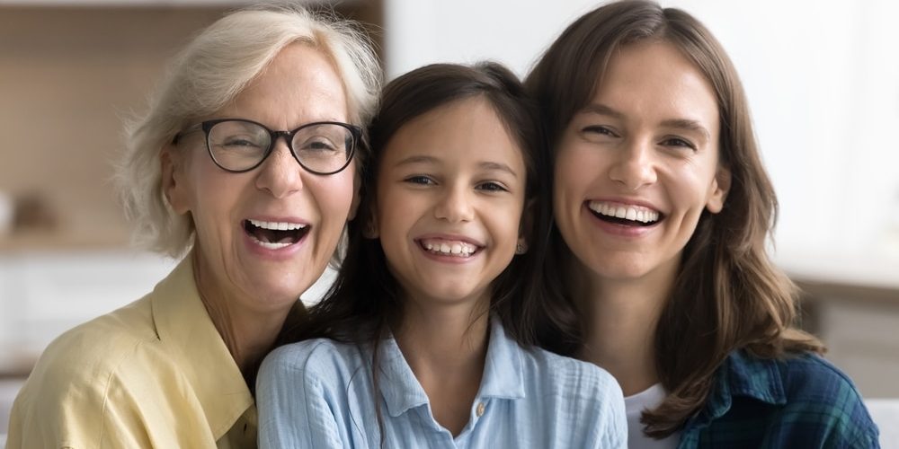 Happy,Cute,Child,Girl,,Young,Mom,And,Blonde,Mature,Granny