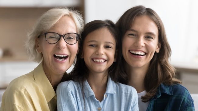 Happy,Cute,Child,Girl,,Young,Mom,And,Blonde,Mature,Granny